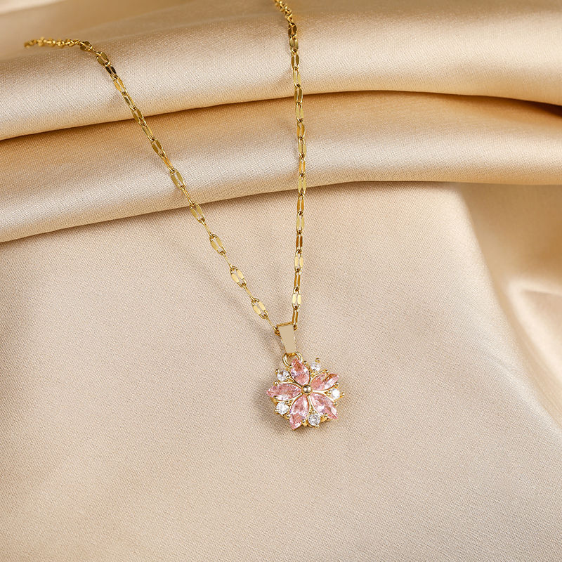 New Cute Romantic Pink Sakura Pendant Stainless Steel Necklaces For Women Korean