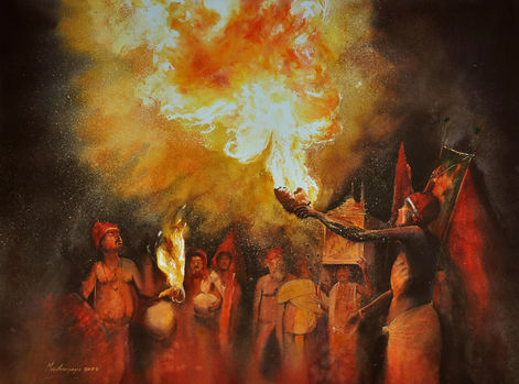 Watercolor painting of people penance in Odisha India