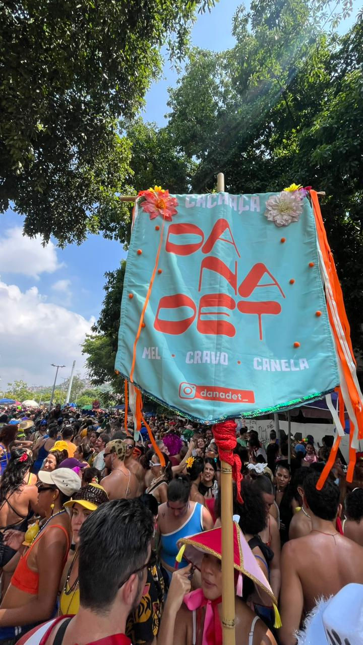 bandeira da Danadet em um bloco de rua no Rio de Janeiro