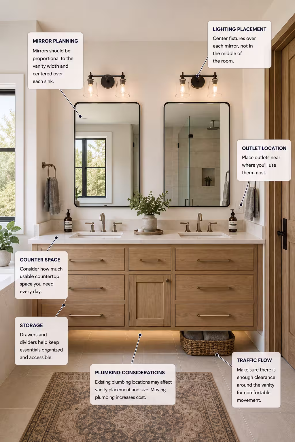 Double sink bathroom vanity showing mirror placement, lighting layout, storage, and plumbing planning considerations.