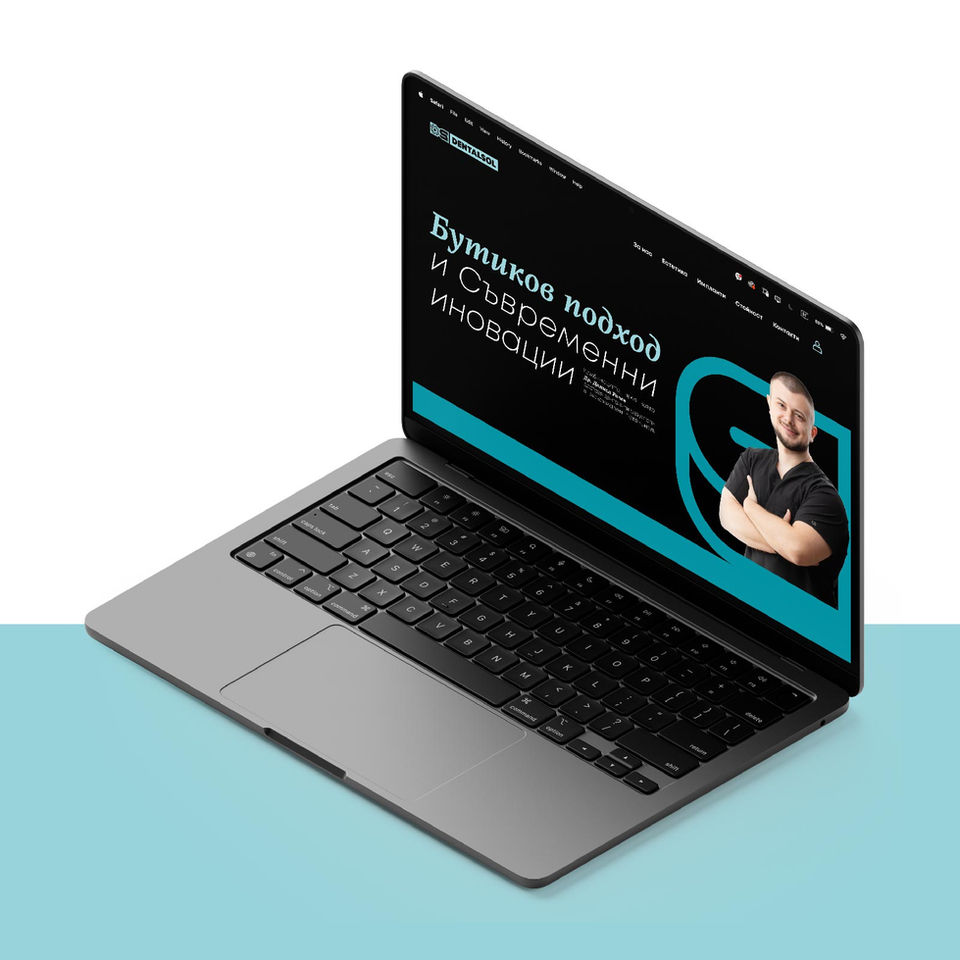 Web Design for DENTALSOL. Visualization of a web design example shown on a Laptop.