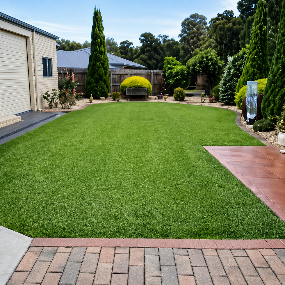 Backyard with green lawn and decorative concrete edging in Gippsland