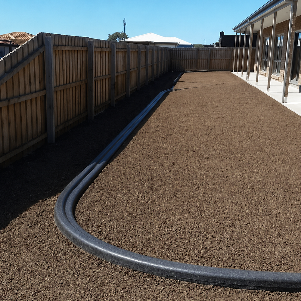 Decorative Concrete Edging Gippsland by a wooden fence kwik kerb
