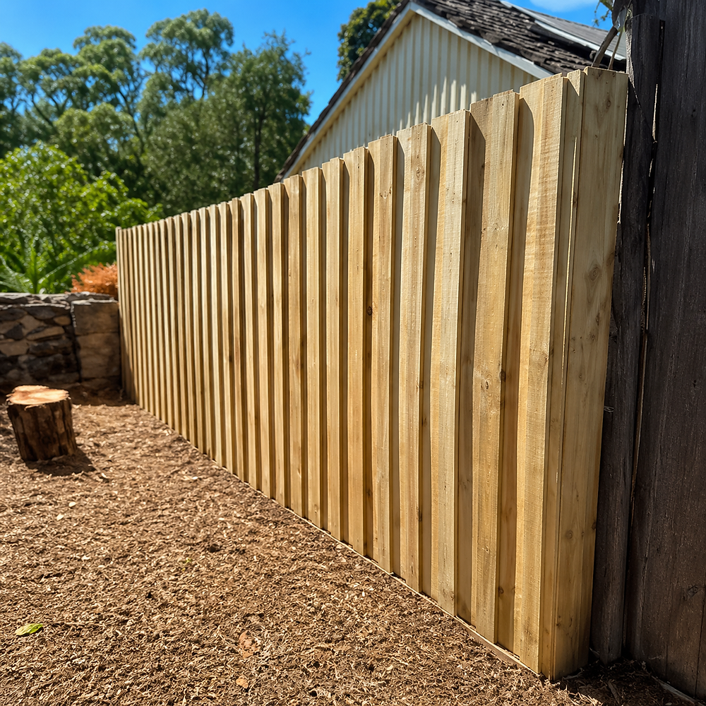 New wooden fence with bark chip ground cover