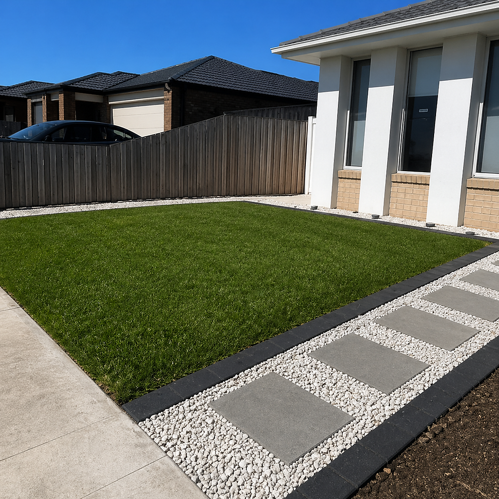 Decorative concrete edging on lawn and path, Gippsland.
