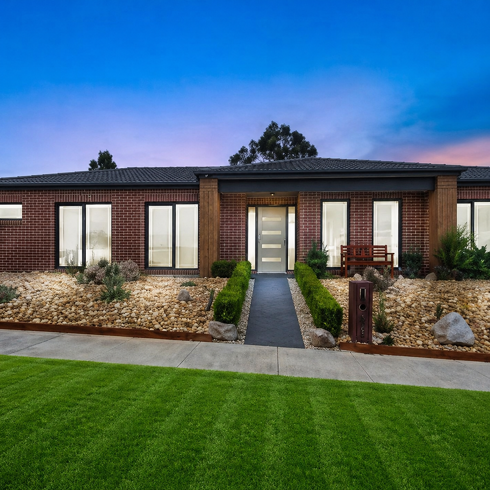 Modern brick home with landscaped garden and lawn at twilight