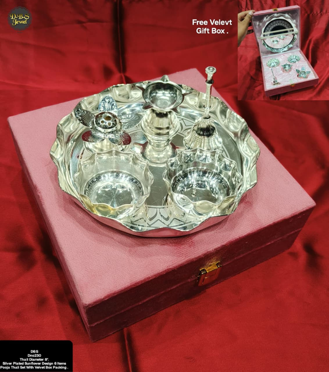 SUN FLOWER POOJA THALI POOJA ITEMS WITH VELVET BOX- DIAMETER 8 INCHES