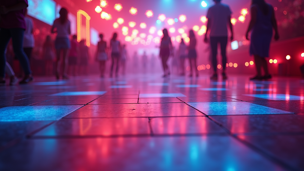 Eye-level view of neon-lit dance floor with glowing decorations