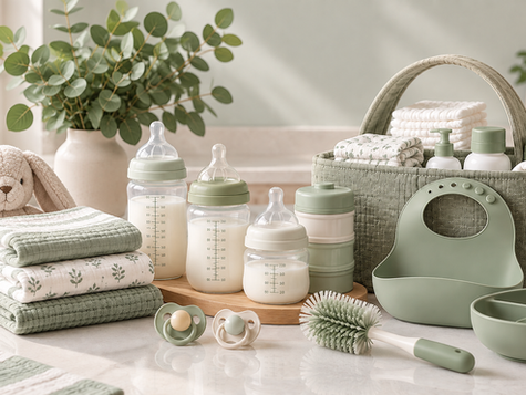 Baby feeding essentials including bottles, burp cloths and cleaning accessories arranged on a table