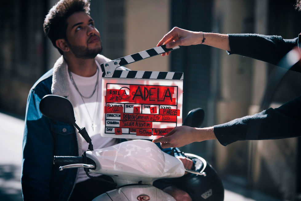 Clapperboard before a take on the short film set.