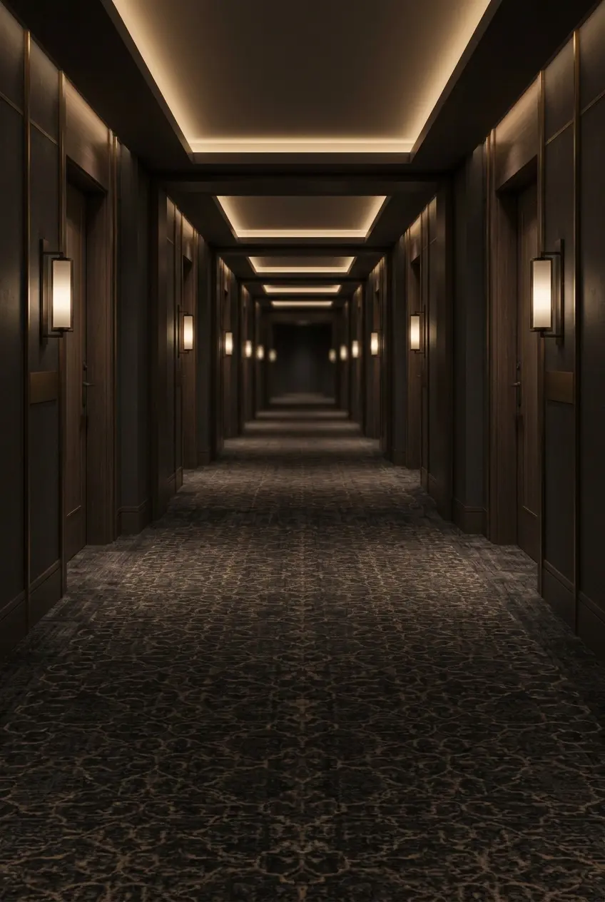 Digital illustration of a long, dimly lit hotel corridor. The perspective creates a sense of depth and mystery.