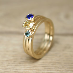 Blue, Yellow, Green sapphires in 9ct Fairmined yellow gold