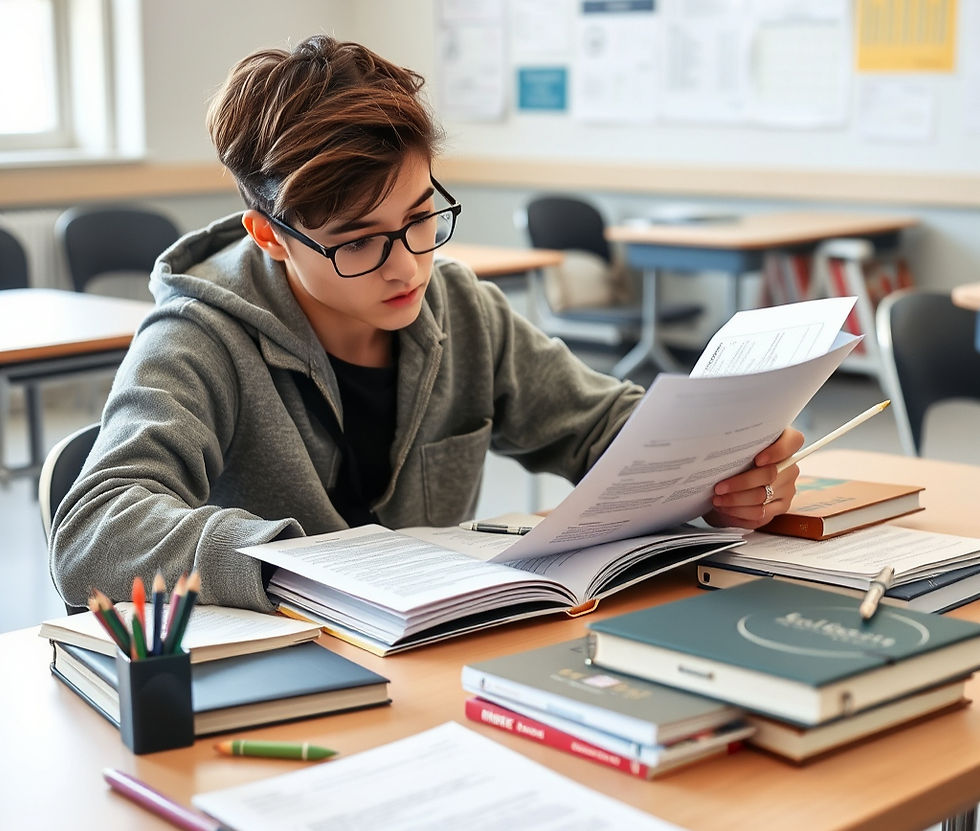Student reviewing notes and study materials at a desk in preparation for AP exams and standardized tests.