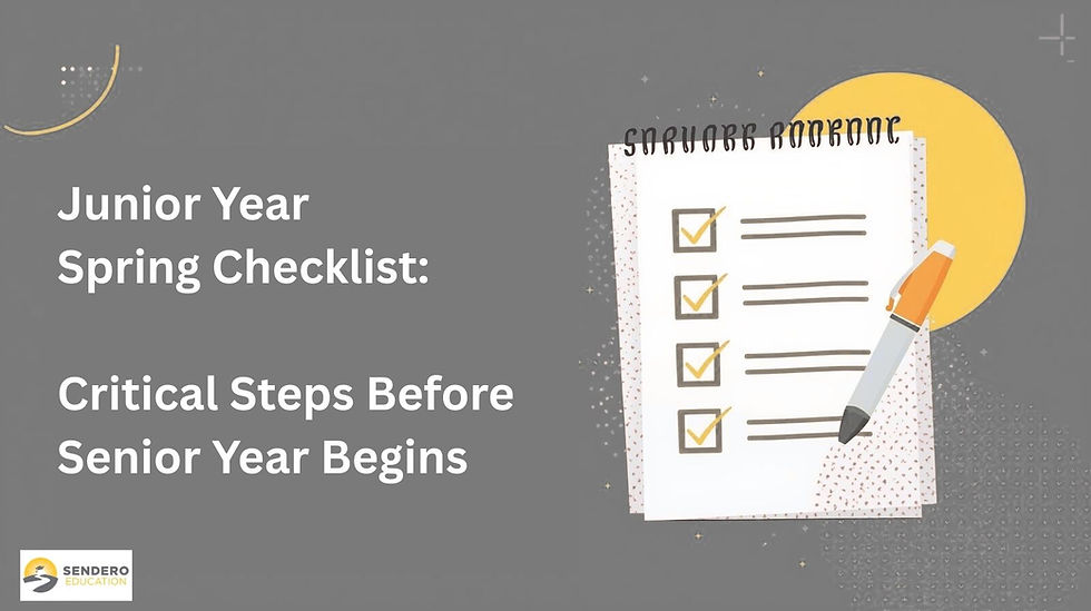Checklist titled "Junior of High School Spring Checklist: Critical Steps Before Senior Year Begins" with checked items and a pen on a gray background.