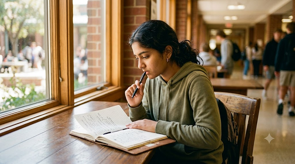 High school student journaling by a sunlit window while reflecting on her college application