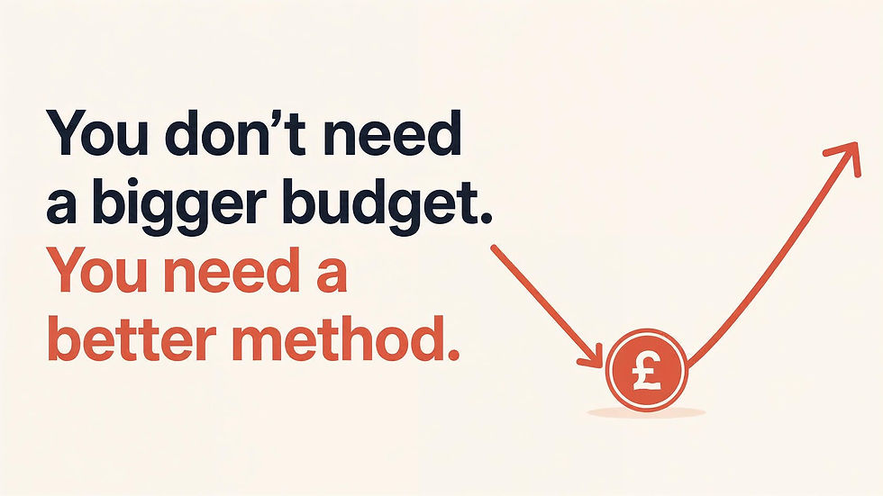Text says You don't need a bigger budget. You need a better method. Red arrows curve around a £ coin graphic