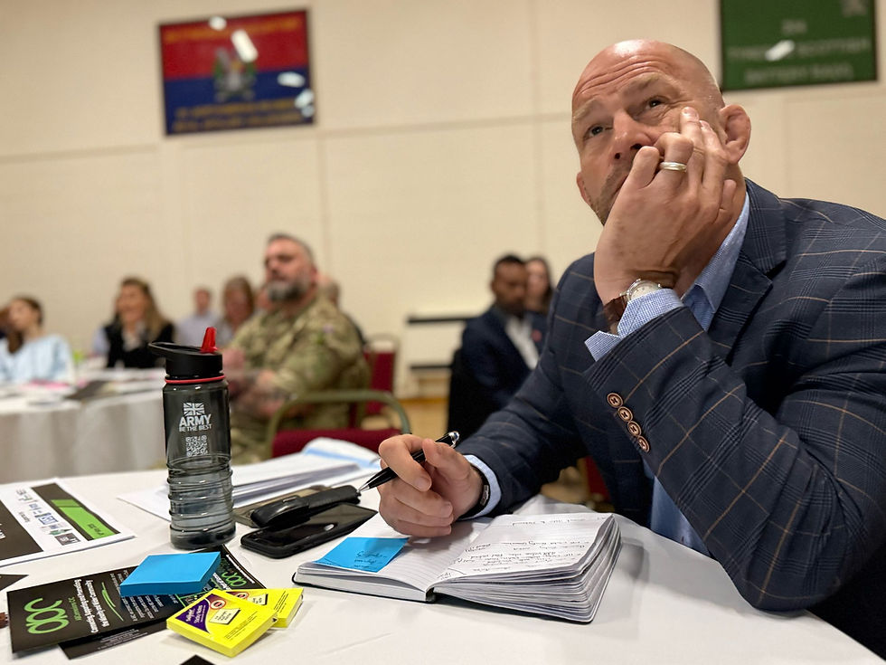 Man in checked blazer seated at a table, writing in a notebook, looks thoughtful. Background shows people, a water bottle labeled "Army."