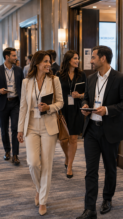 Professionals networking and continuing discussion after a leadership development event