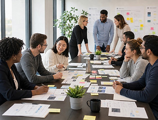 Facilitator leading an interactive workplace development workshop with a professional team