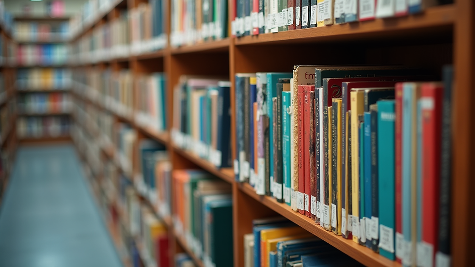 Eye-level view of a colorful bookshelf filled with educational resources