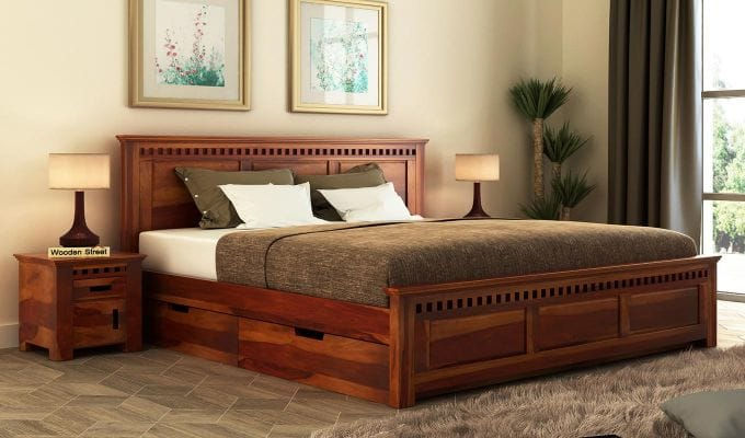 wooden bed with storage drawer beneath