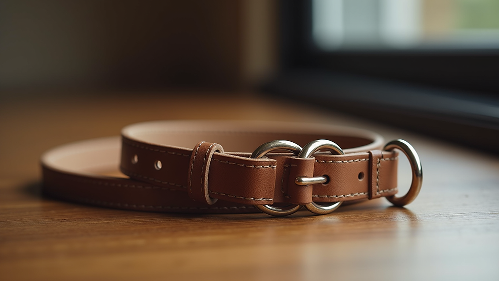 close-up view of a dog collar and leash on a wooden table