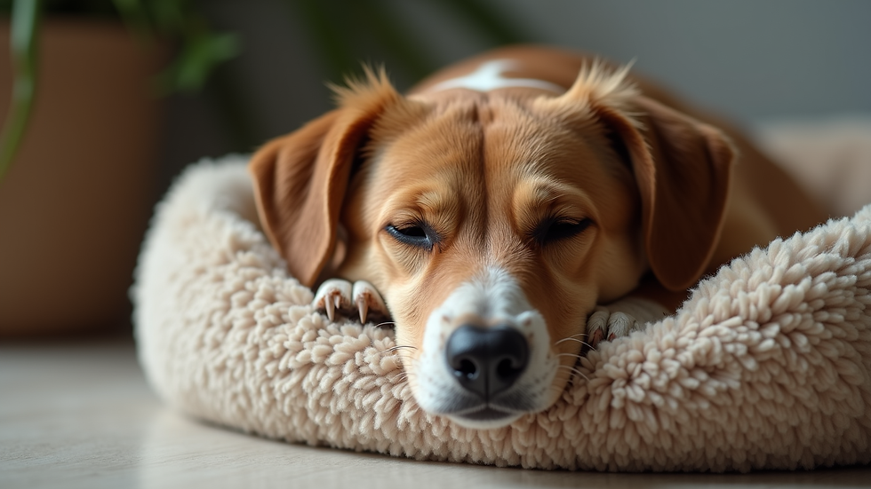 close-up view of a dog resting comfortably in a cozy dog bed