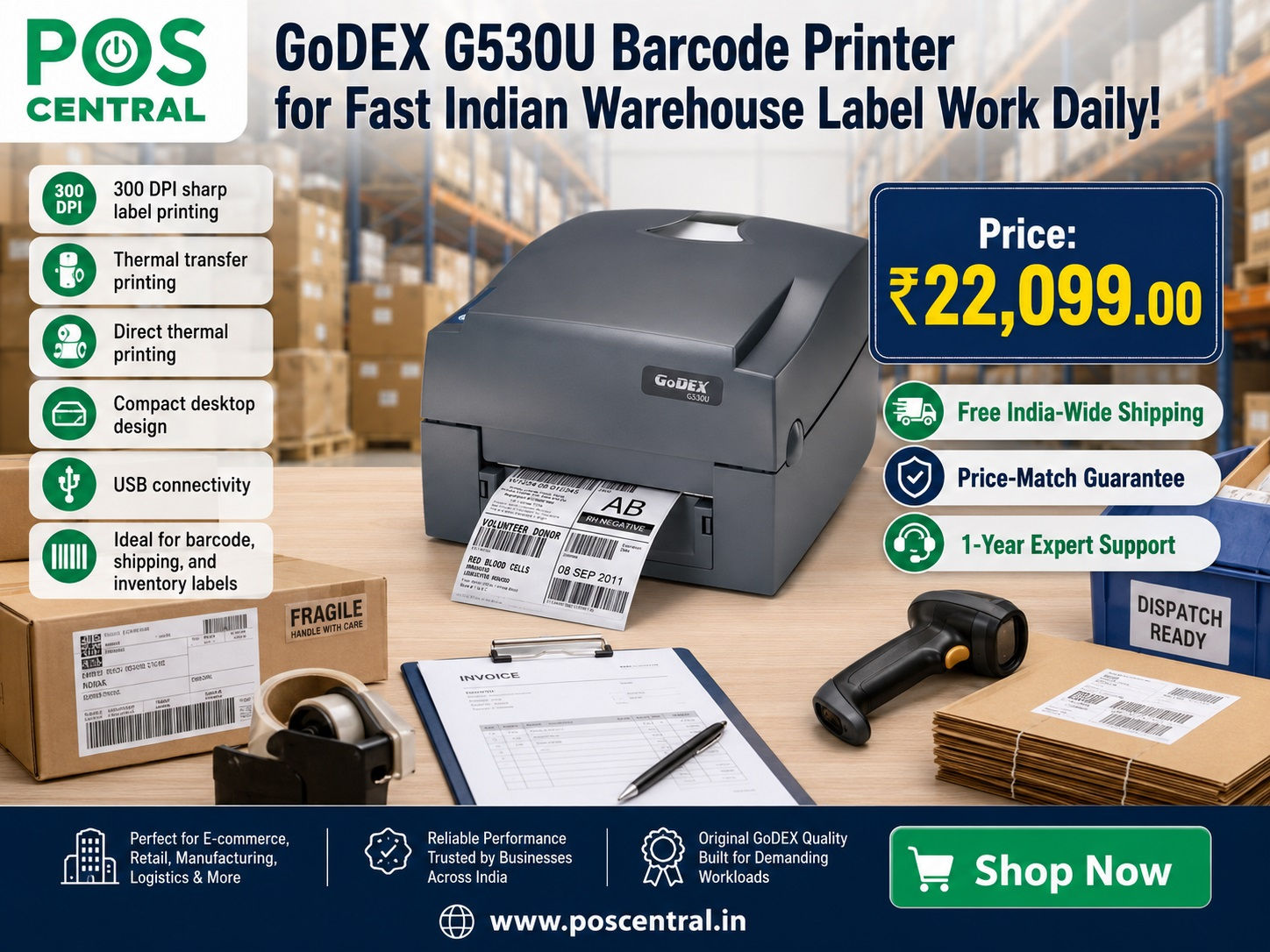 G530U 300 DPI Printer for Indian Warehouses & Retail Shops