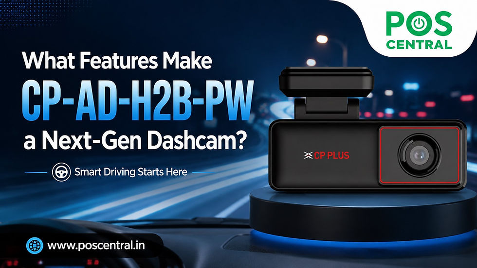 CP Plus CP-AD-H2B-PW dashcam with GPS mounted on a modern dashboard background, showcasing Full HD recording and smart driving features with POS Central branding.