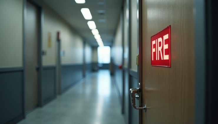 Eye-level view of a fire door with a clear fire safety sign in a commercial building hallway