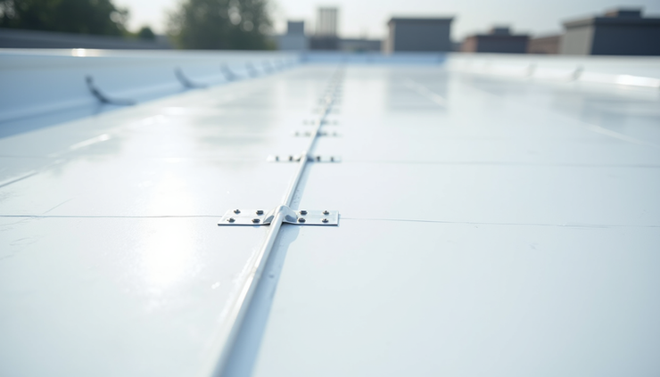 Close-up view of a white TPO roofing membrane with visible seams and fasteners