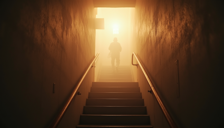 Eye-level view of a stairway filled with thick smoke