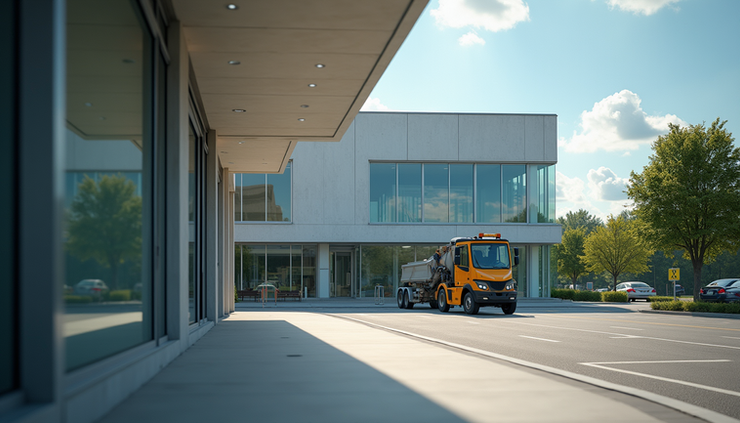 Eye-level view of a commercial building exterior with environmental inspection in progress