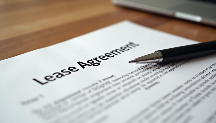 Close-up view of a lease agreement document with pen on a wooden table