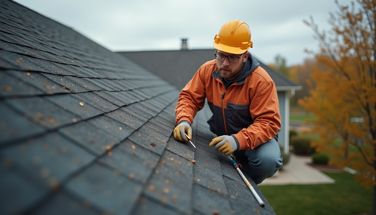 High angle view of a home inspector examining a residential roof in Eau Claire
