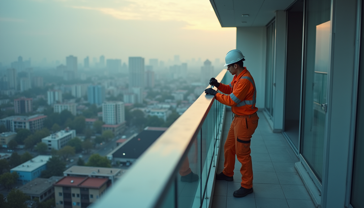 High angle view of a technician inspecting a high rise balcony railing