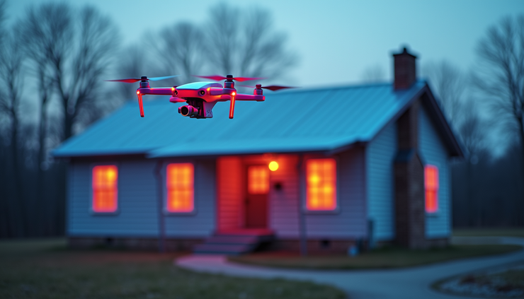 High angle view of a thermal drone inspecting the roof of a traditional Kentucky Rick house