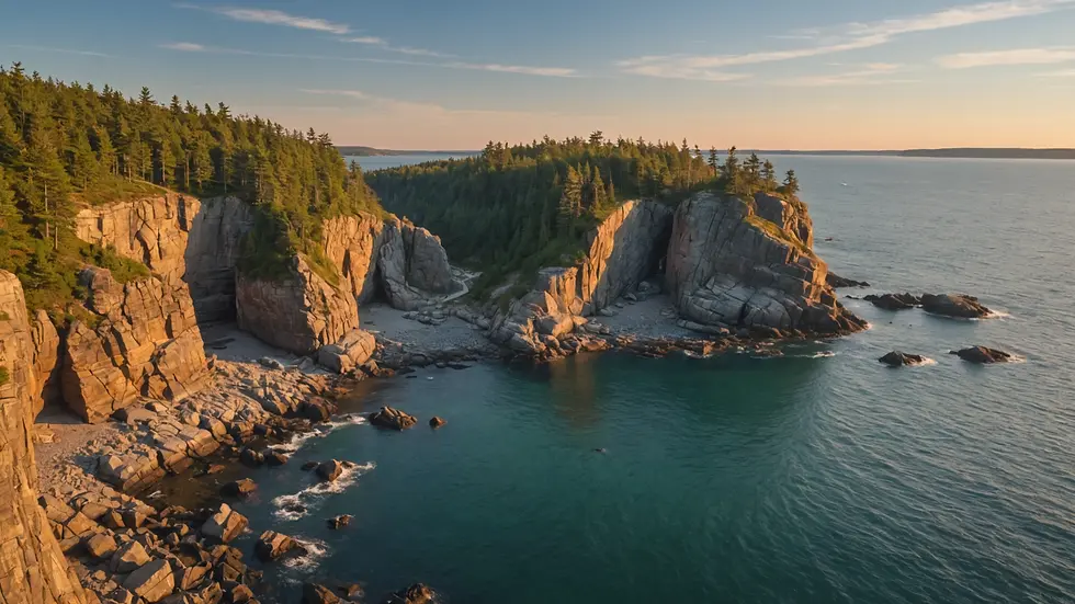Wide angle view of rugged Maine coastline with cliffs