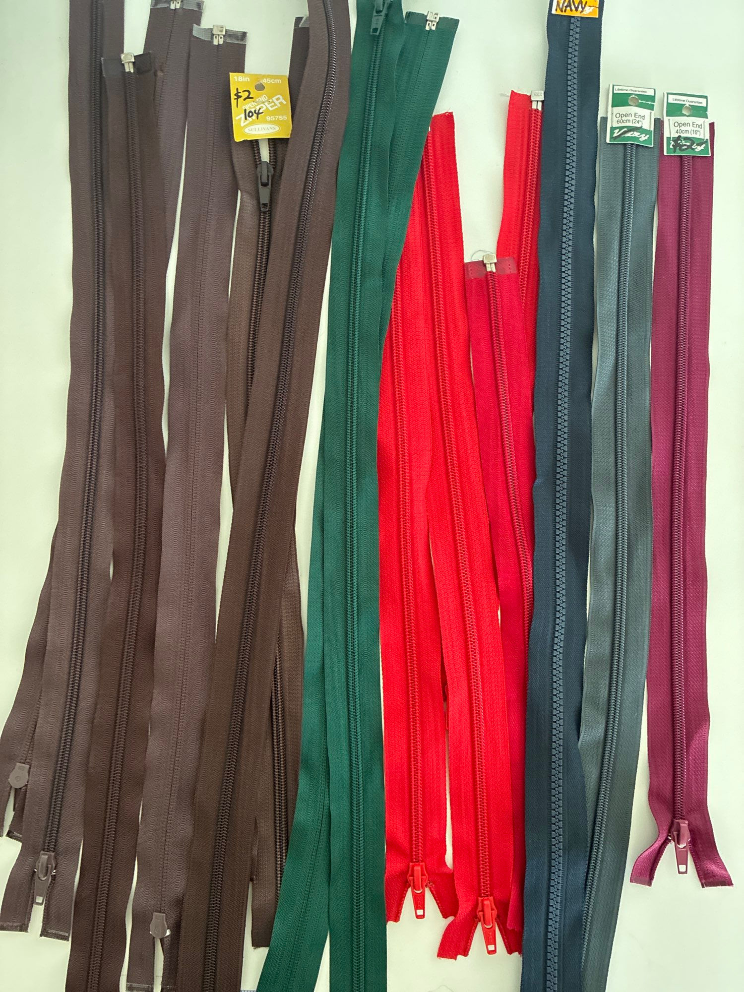 16 Open End Zips Asst sizes and colours