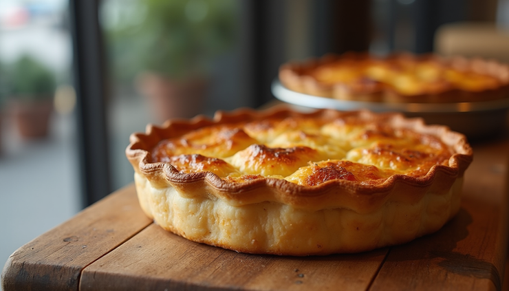 Close-up view of a rustic bakery pie on a wooden table in Ballarat