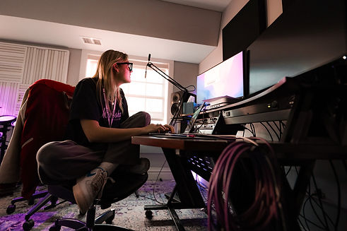 music producer, computer, microphone, music studio, female engineer
