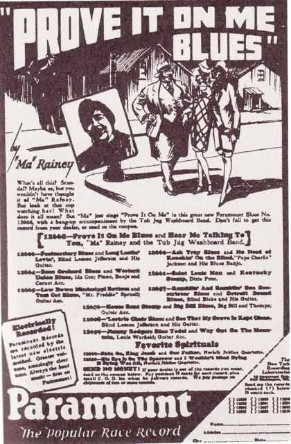 Vintage poster for "Prove It On Me Blues" by Ma Rainey. Features a depiction of Ma Rainey in a suit talking to two women in dresses. A police officer watches the interaction from street corner. Bold white text and promotional details for Paramount Records.