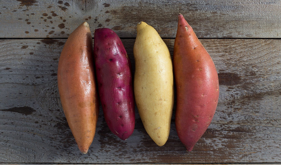 Orange, purple, yellow, and red sweet potatoes on wood