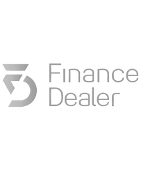 Logotipo da marca Finance Dealer, com símbolo geométrico formado por linhas curvas em cor cinza claro em fundo transparente