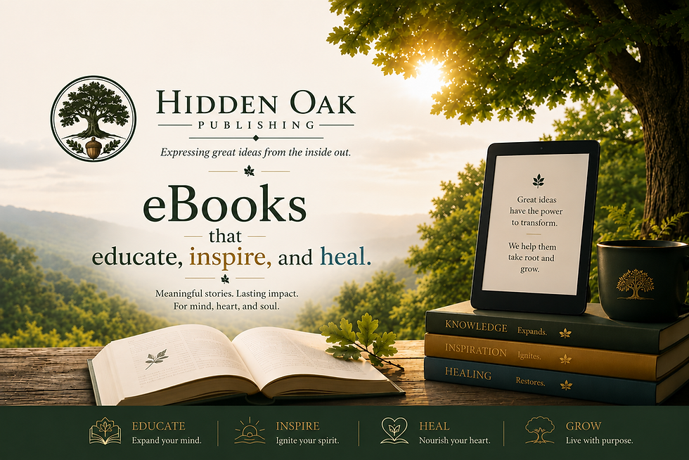 Hidden Oak Publishing hero graphic with logo, tagline, ebooks headline, and nature scene