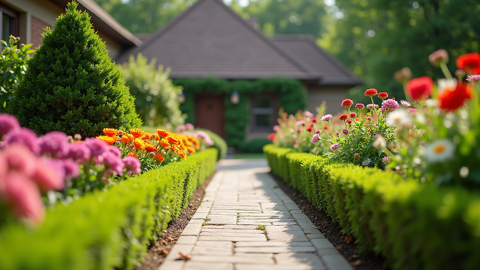 Eye-level view of a beautifully landscaped residential garden with colorful flowers and trimmed bushes