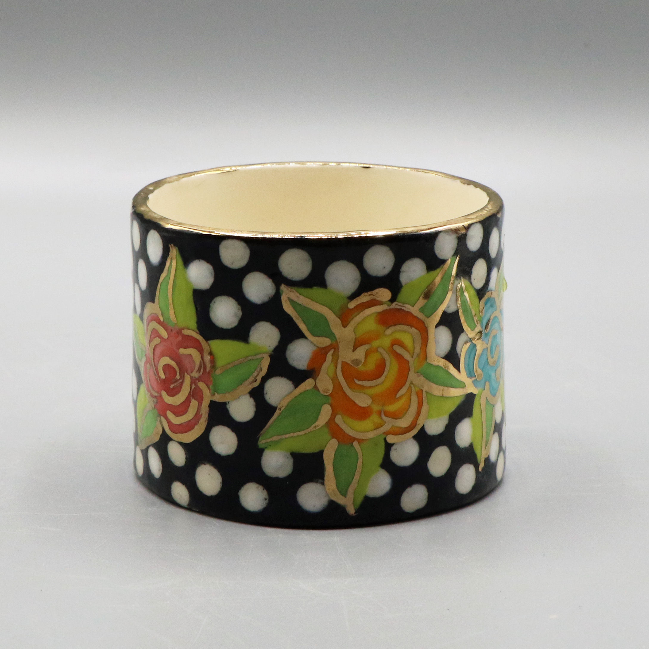 Black and White Dotted Rose Cup with Gold Accents