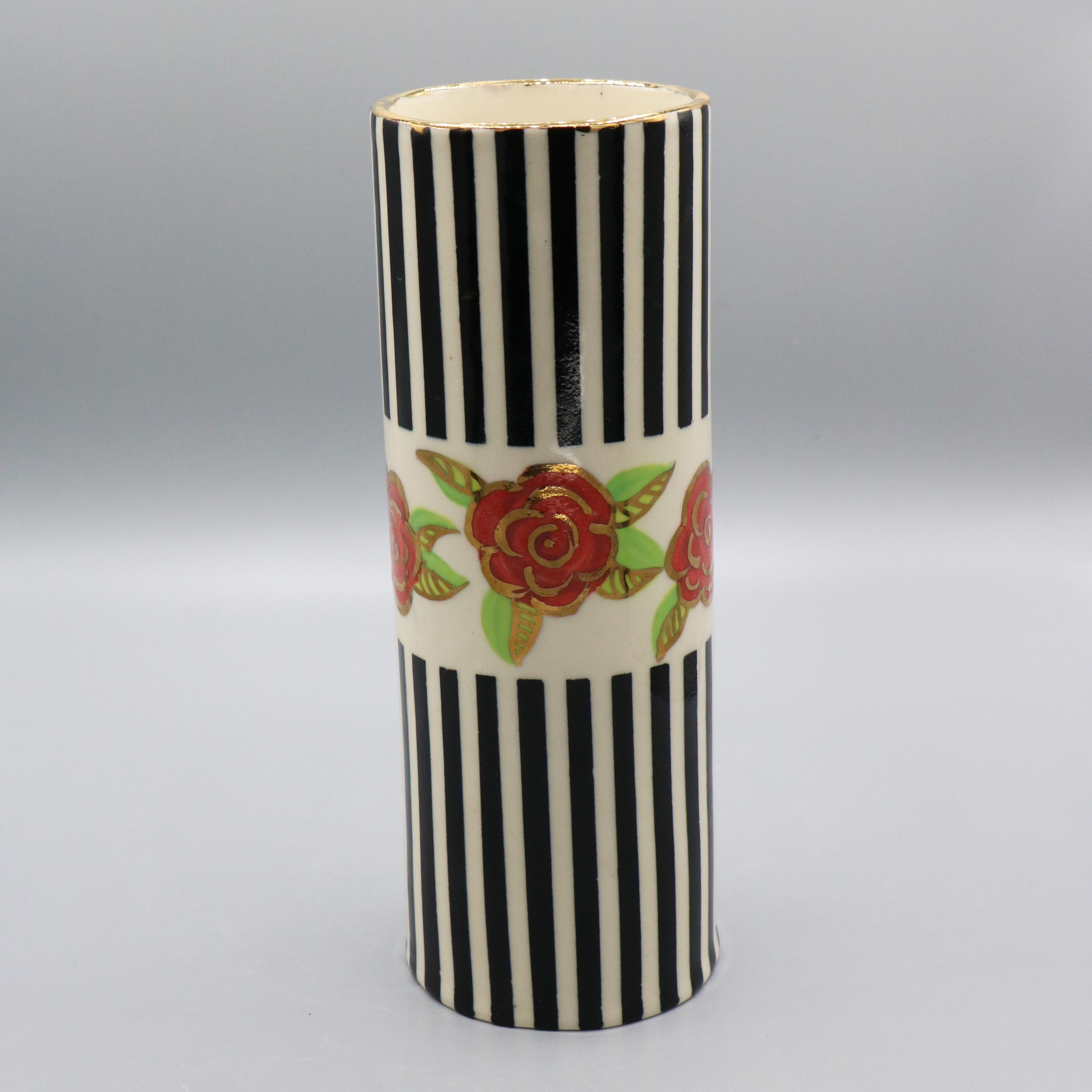 Black and White Striped Red Rose Vase