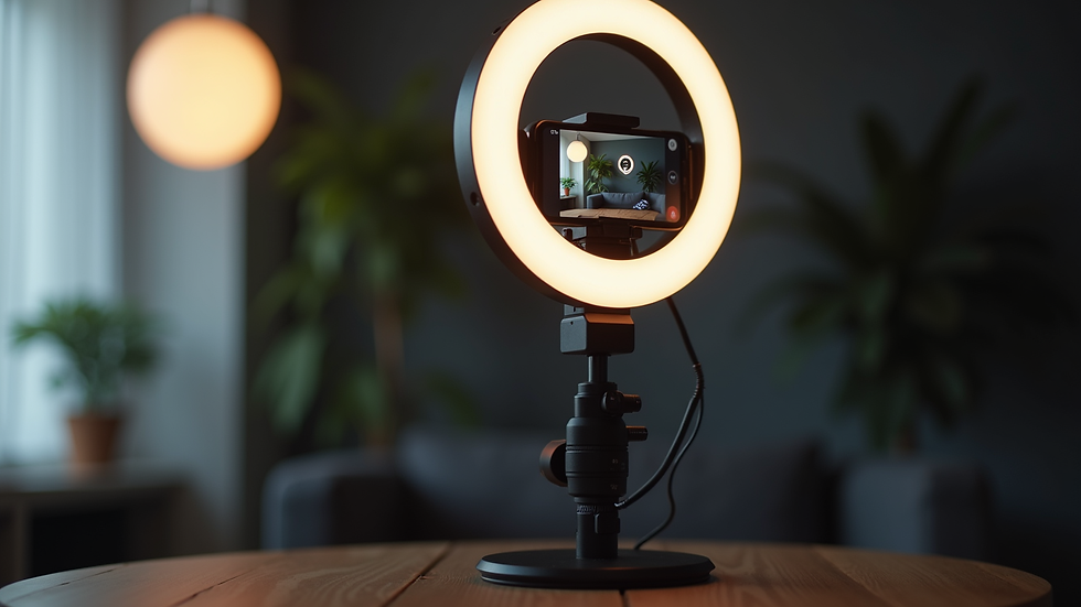 Close-up view of a ring light and smartphone setup for live streaming