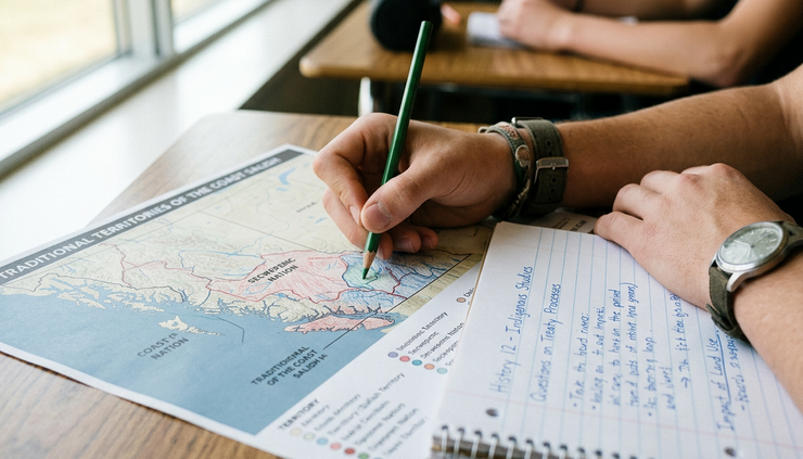 Close-up view of a student marking traditional territories on a printed map with colored pencils